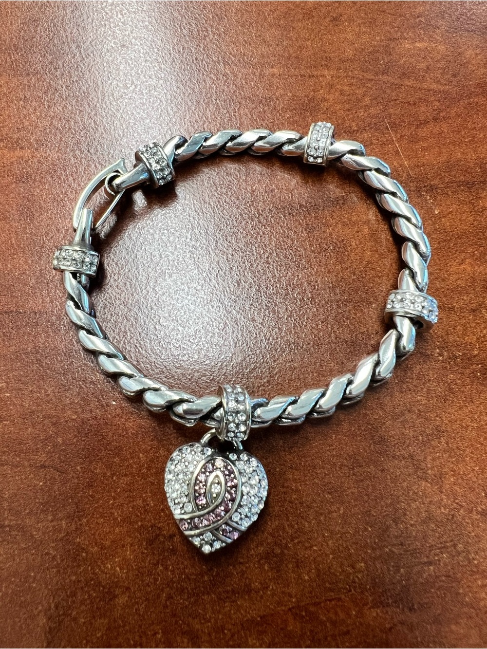 Brighton Silver-Tone Chain Bracelet with Pink-Accent Heart Charm Sz 7